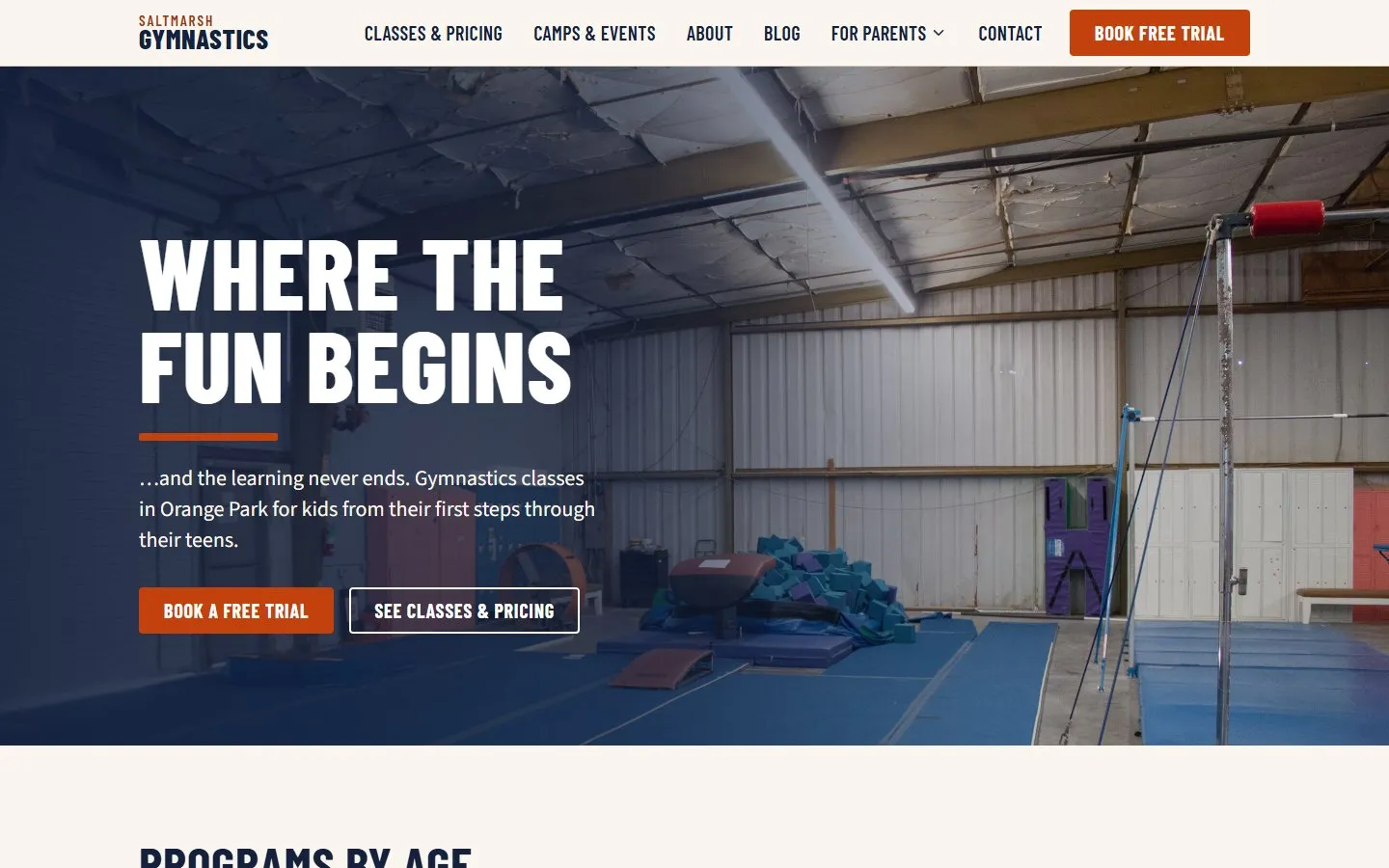 Home page of the Saltmarsh Gymnastics concept website on a desktop screen